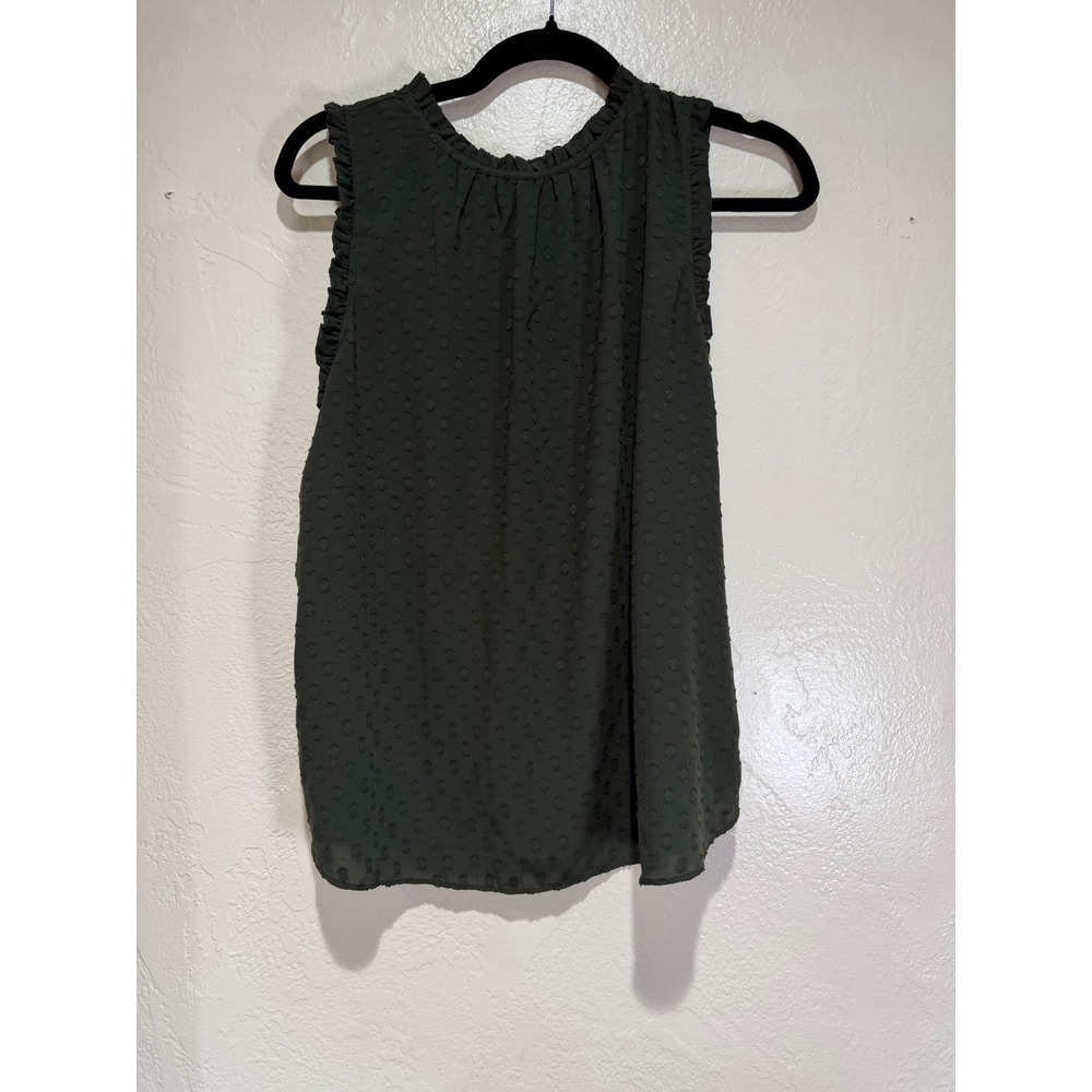 Loft Petites Olive Green Clip Dot Ruffle Neck Sleeveless Blouse LP Keyhole Back
